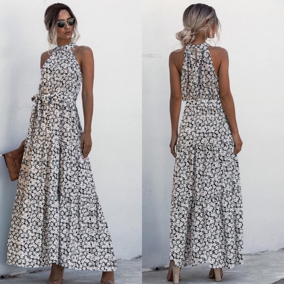 Boho floral print belted halter spring dress - Picture 2 of 6